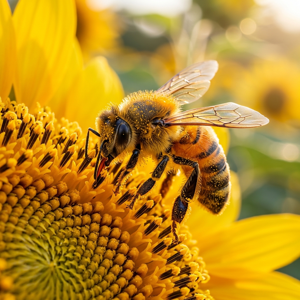 Honey bee collecting pollen from sunflower