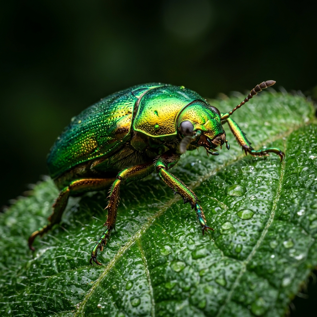 Iridescent beetle on a green leaf