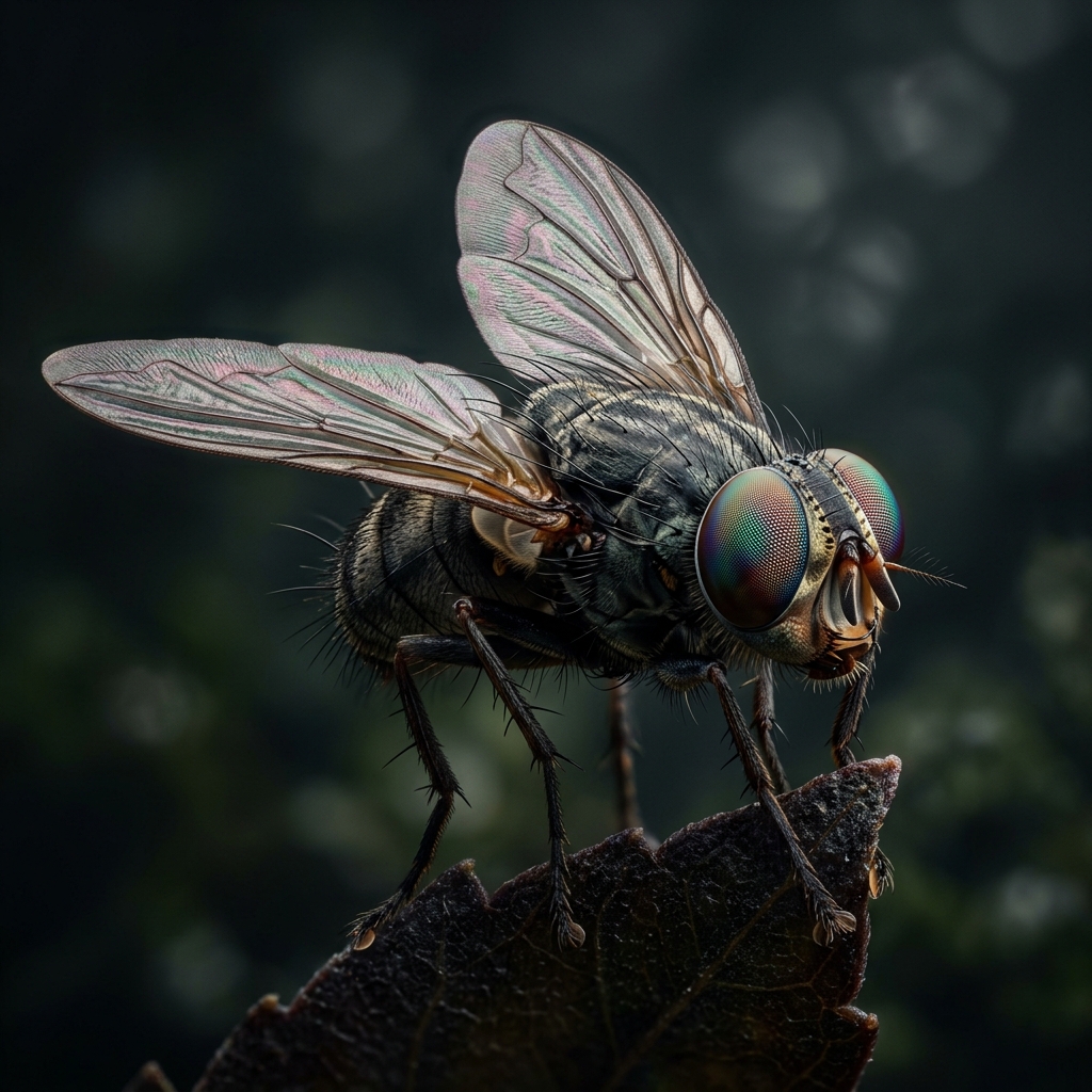 House fly showing iridescent compound eyes