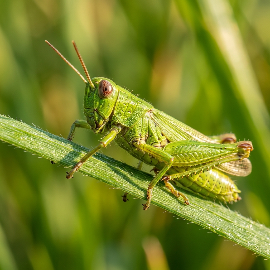 Green grasshopper perched on a blade of grass
