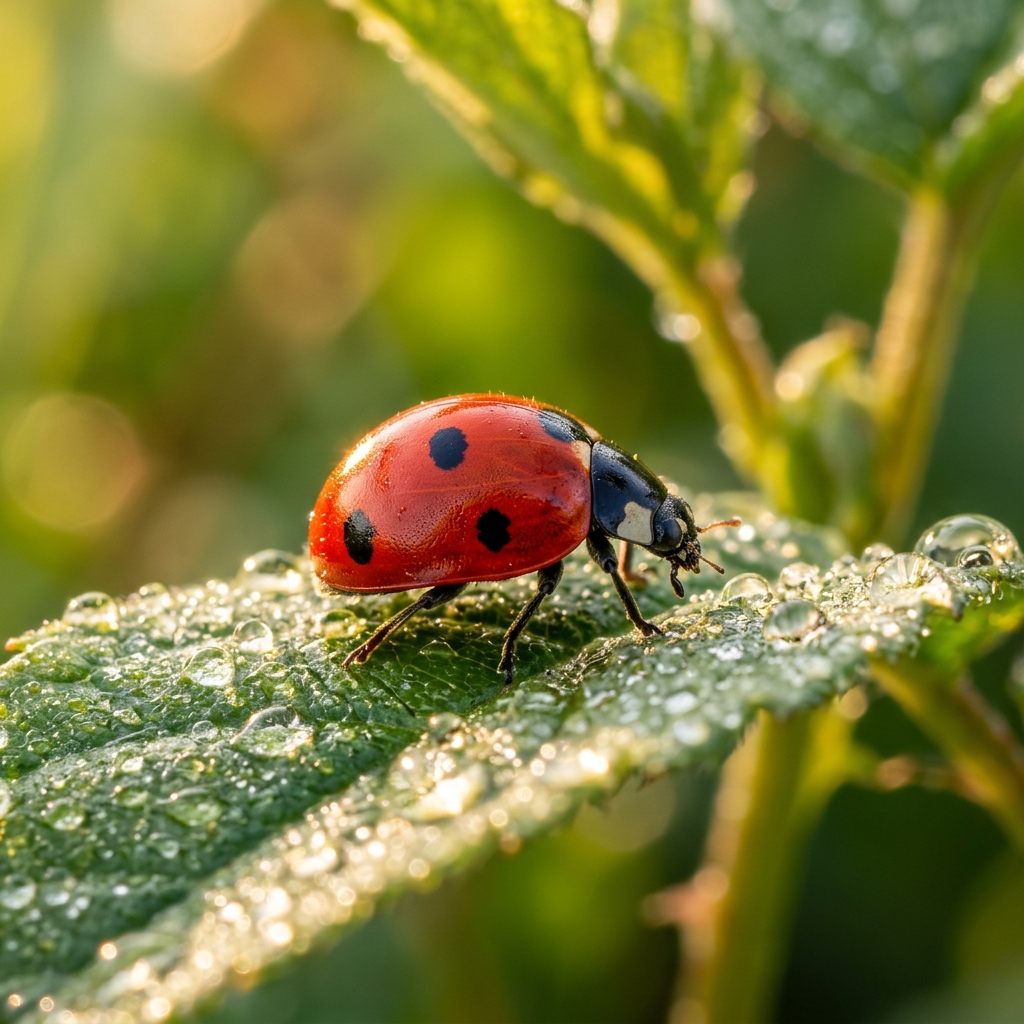 Ladybug on a green leaf with dew